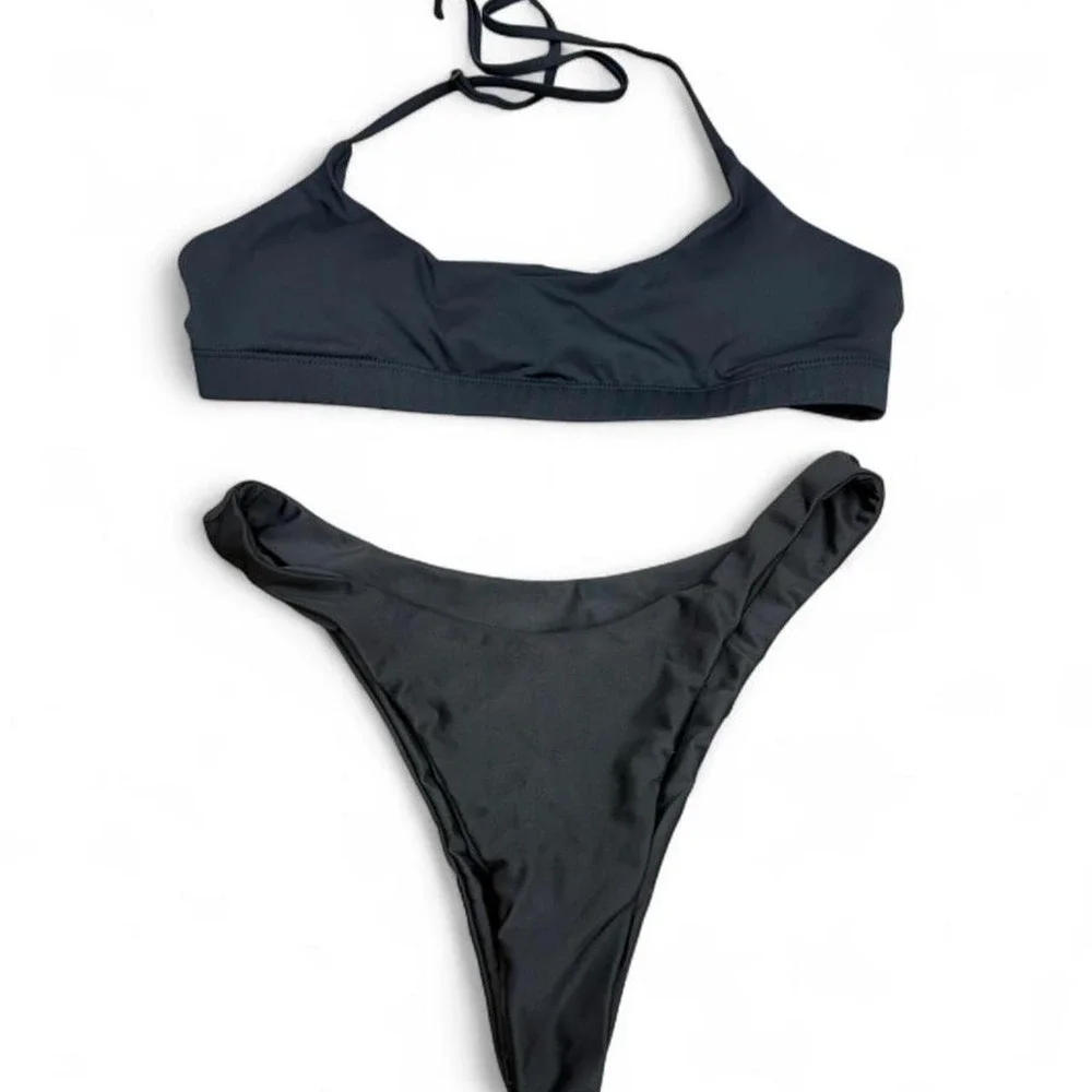 Sunny Bunny Swim Black Two Piece Bikini Set Womens Large Halter High Cut Cheeky